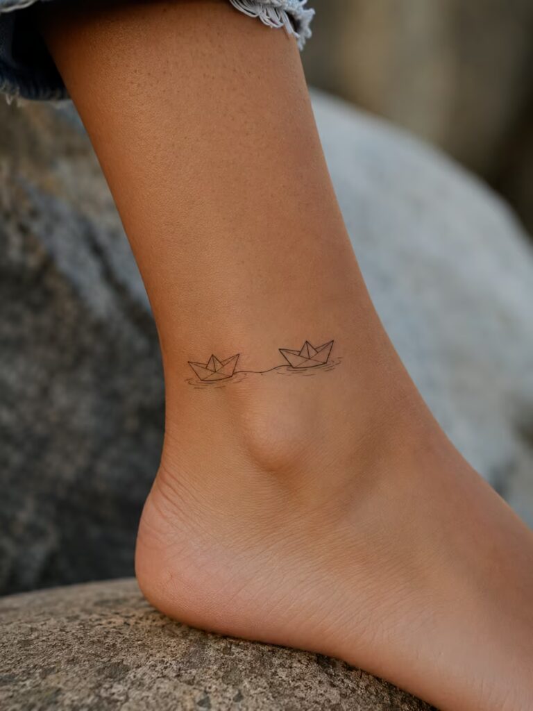 A Small Bestie Tattoo of Two Paper Boats on the Ankle