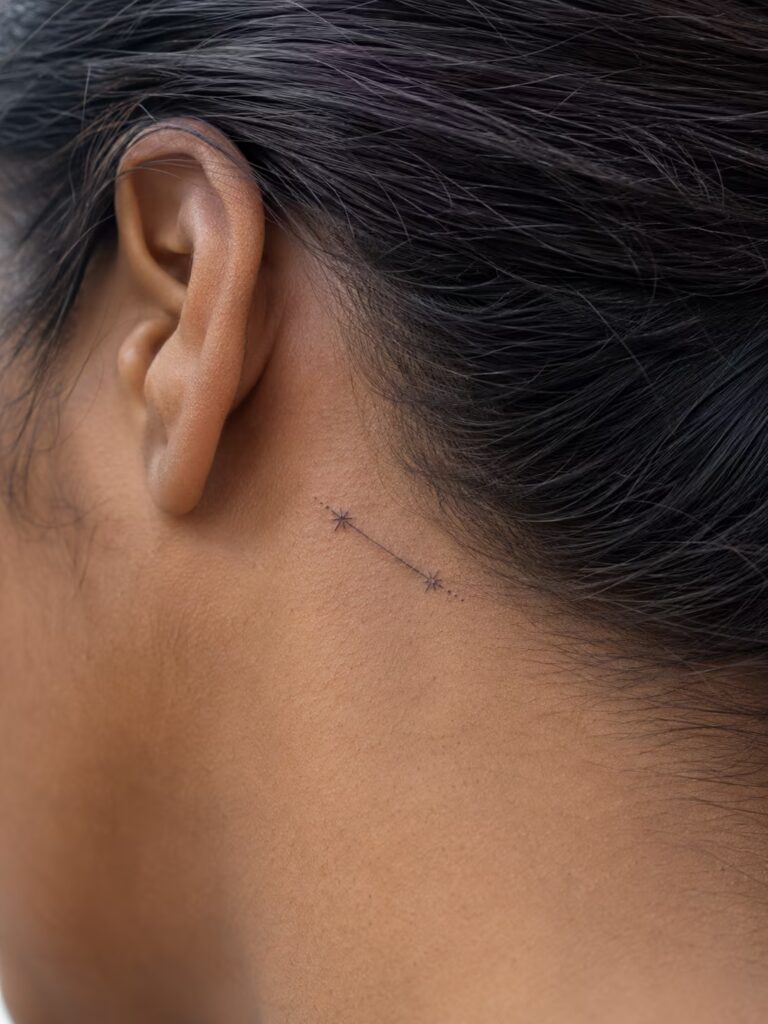 A Small Bestie Tattoo of Two Stars on a Constellation Line on the Neck