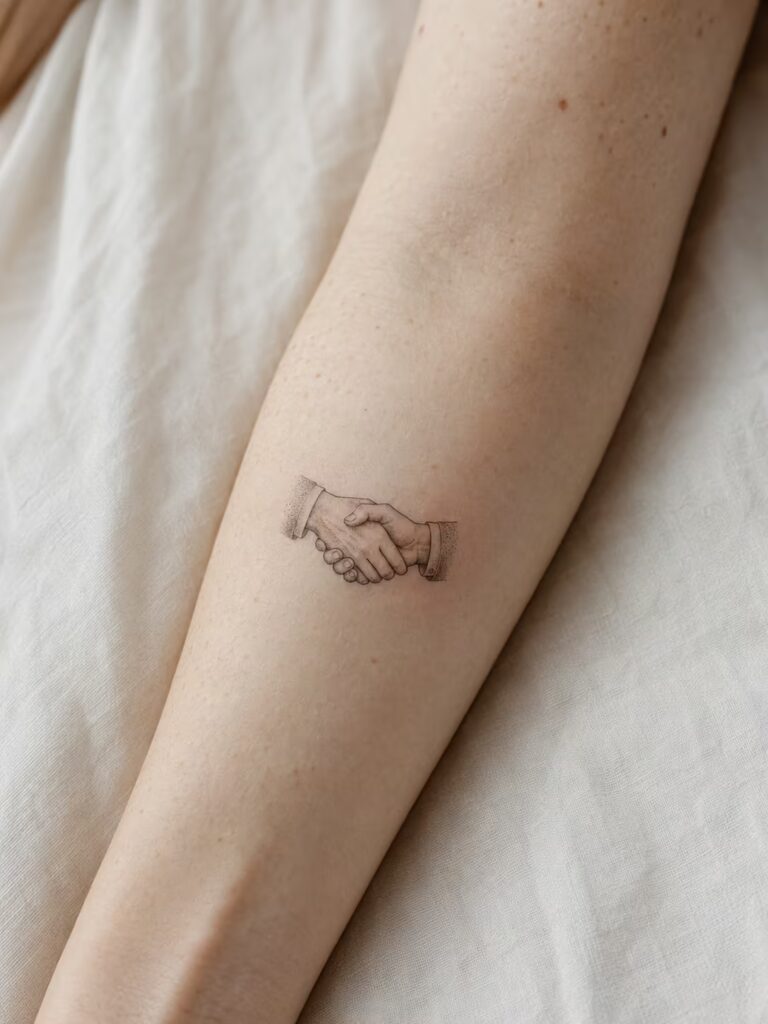 A Small Bestie Tattoo of Two Clasped Hands in a Handshake on the Forearm