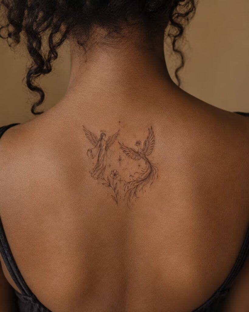 Angel and Phoenix tattoo behind the back