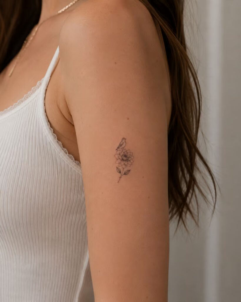 Bird Above a Dahlia, Back of Arm bird tattoo with flower designs