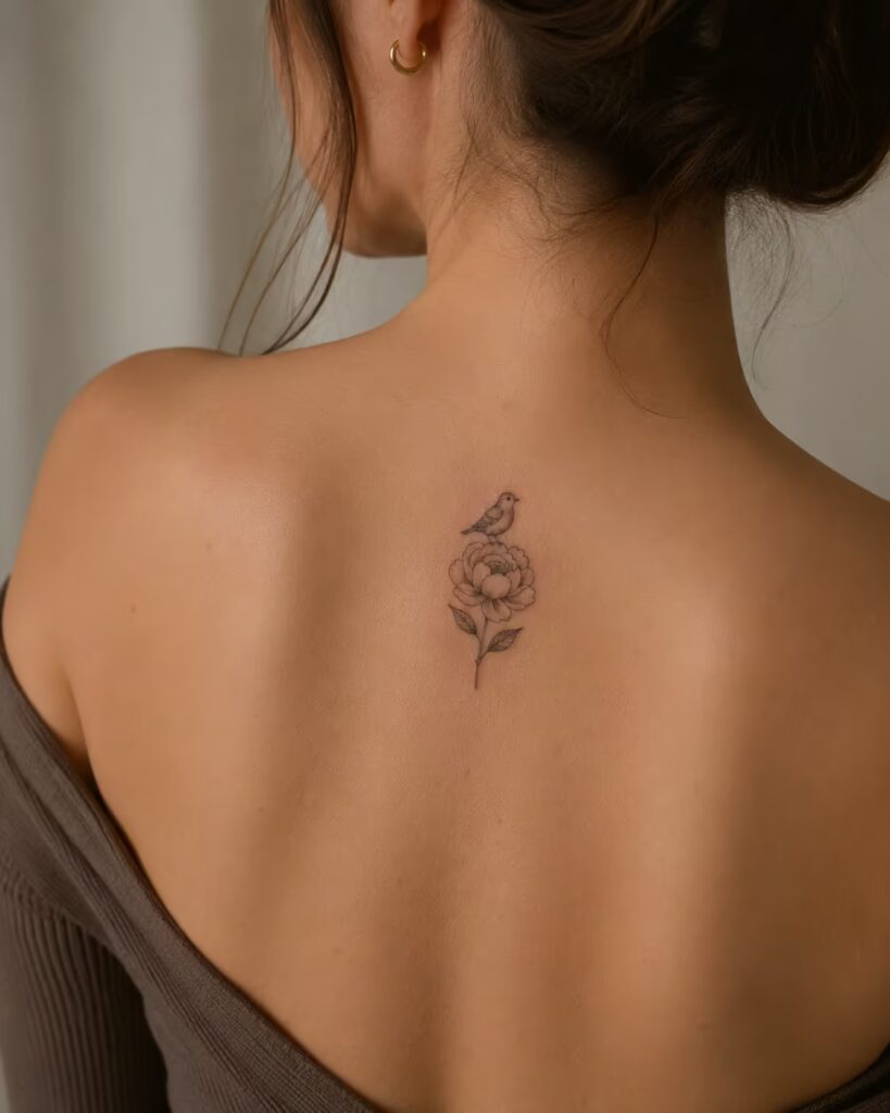 Bird Above a Peony, Spine bird tattoo with flower designs