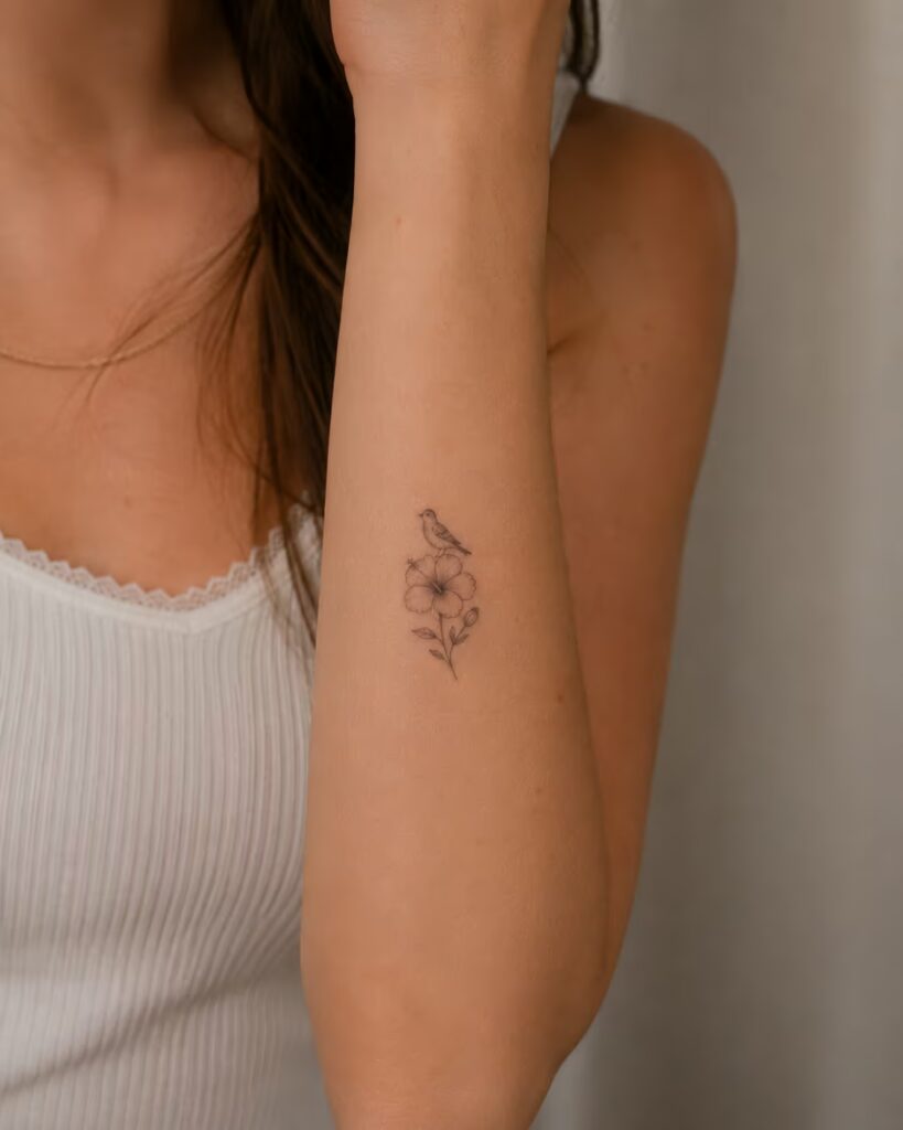 Bird Over a Hibiscus, Outer Arm bird tattoo with flower designs
