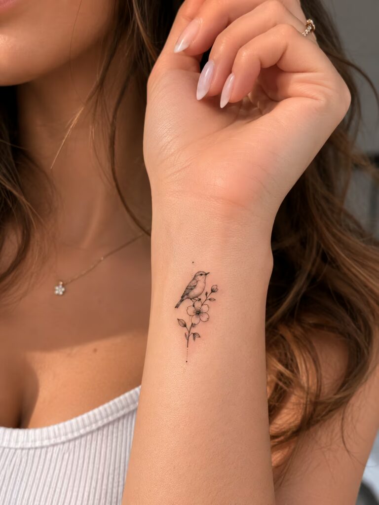 Bird Over a Wild Rose, Wrist bird tattoo with flower designs