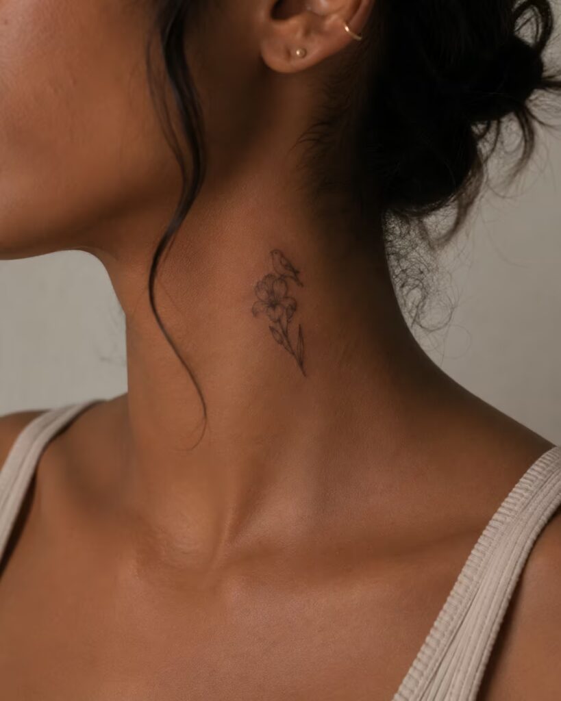 Bird and Lily, Side of Neck bird tattoo with flower designs