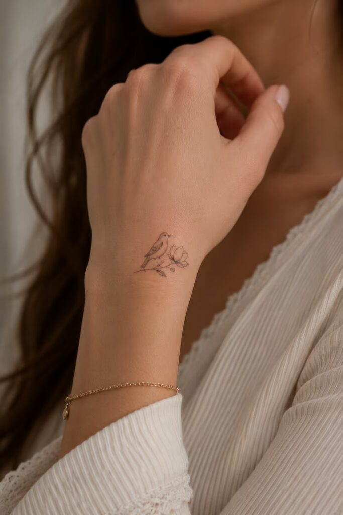 Bird and Magnolia, Back of Hand bird tattoo with flower designs