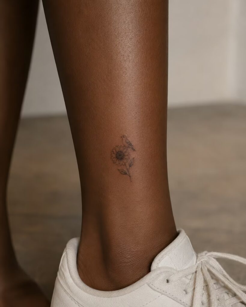 Bird and Sunflower, Ankle bird tattoo with flower designs