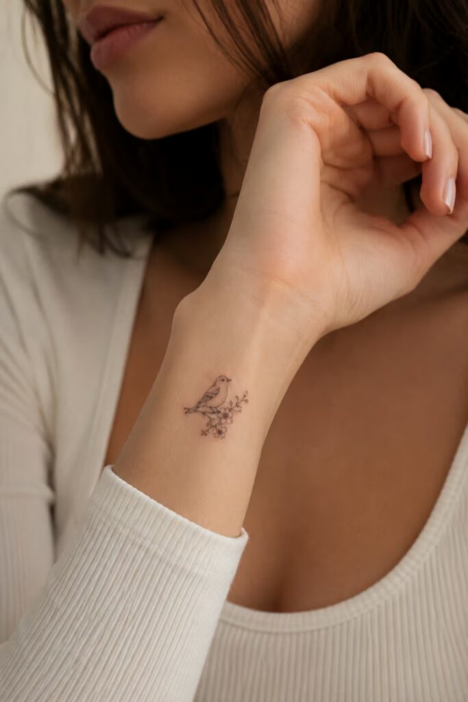 Bird on Cherry Blossom, Inner Wrist bird tattoo with flower designs
