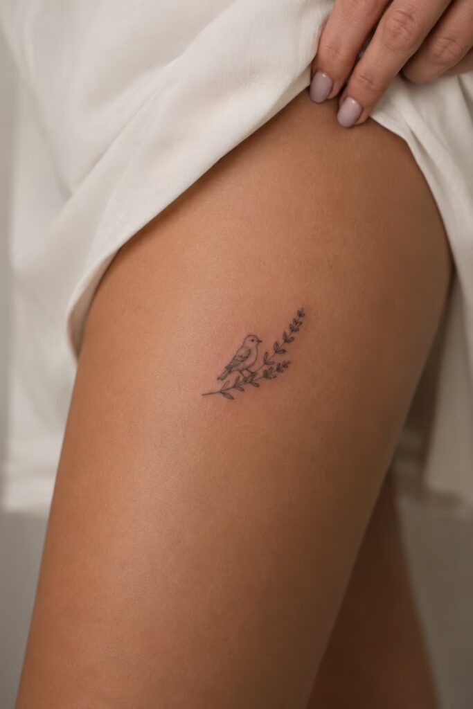 Bird on a Laurel Sprig, Thigh bird tattoo with flower designs