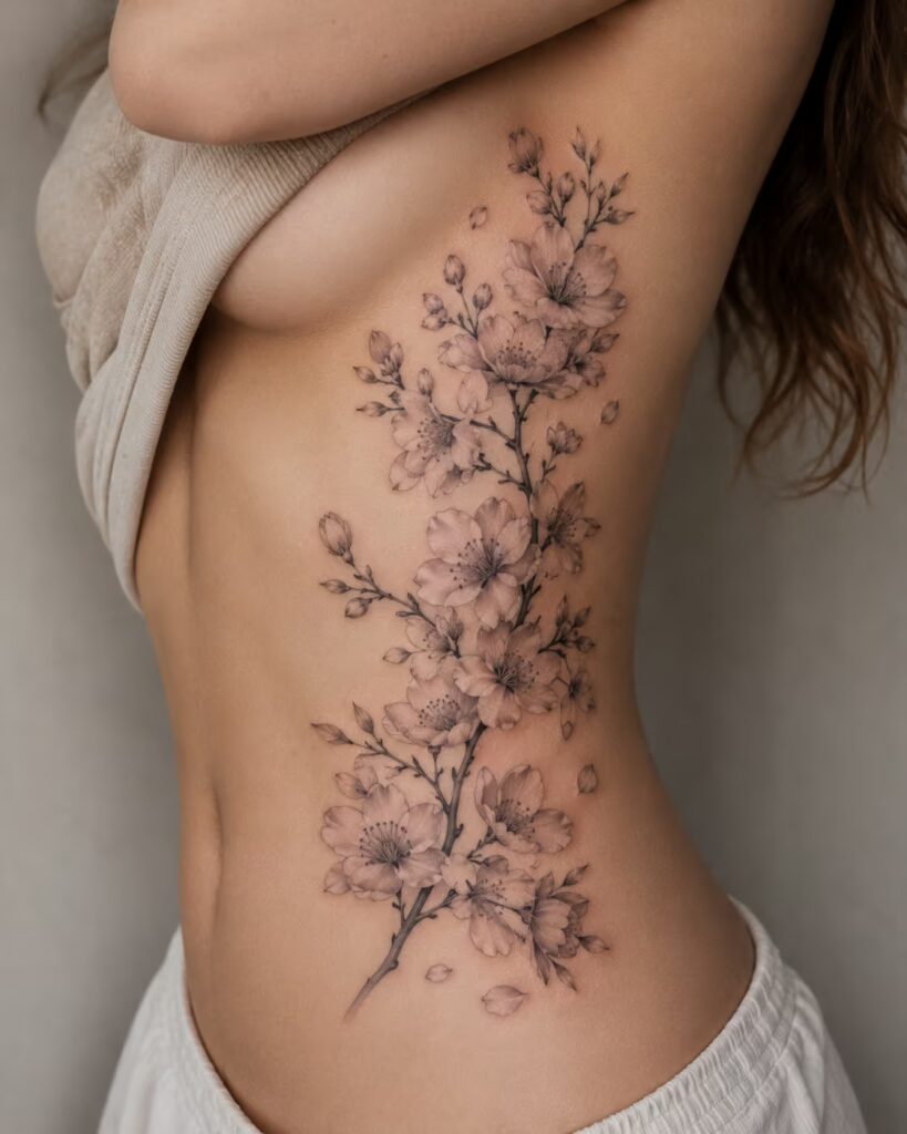 Cherry Blossom Branch rib flower tattoo