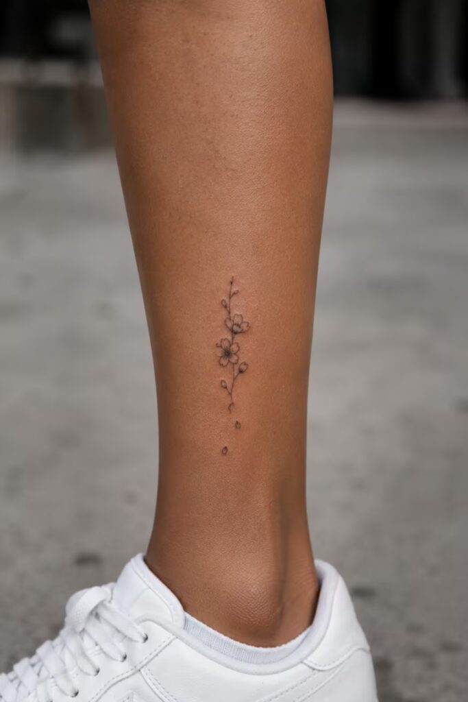 Cherry Blossom Sprig Lower Leg Tattoo