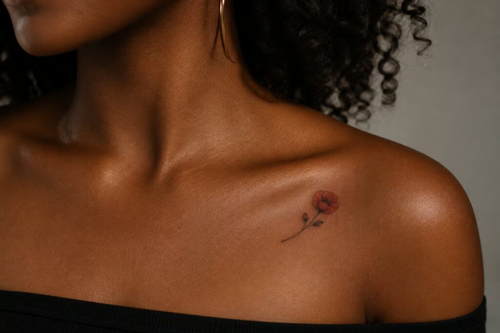 Crimson Poppy Floral Collarbone Tattoo