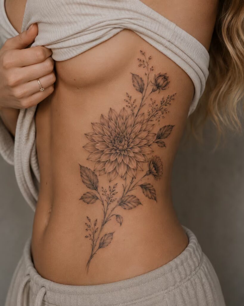 Dahlia Bloom rib flower tattoo