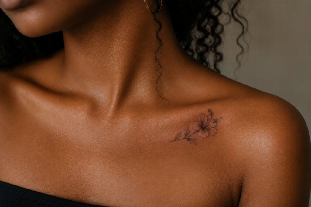 Delicate Hibiscus Floral Collarbone Tattoo