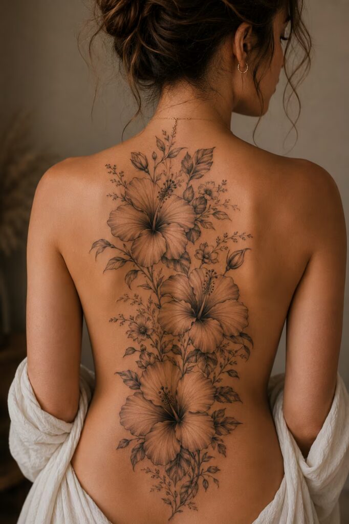 Delicate Spine Blossom Trail Back Tattoo