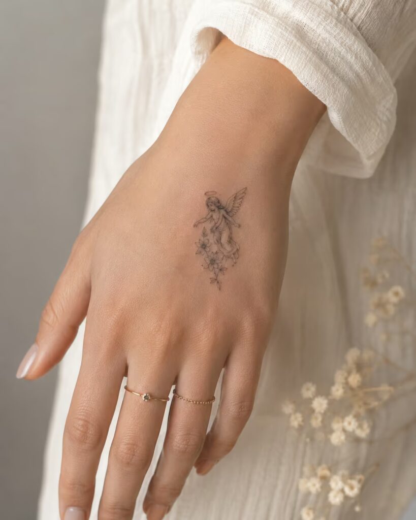Descending Guardian Angel Tattoo on hand