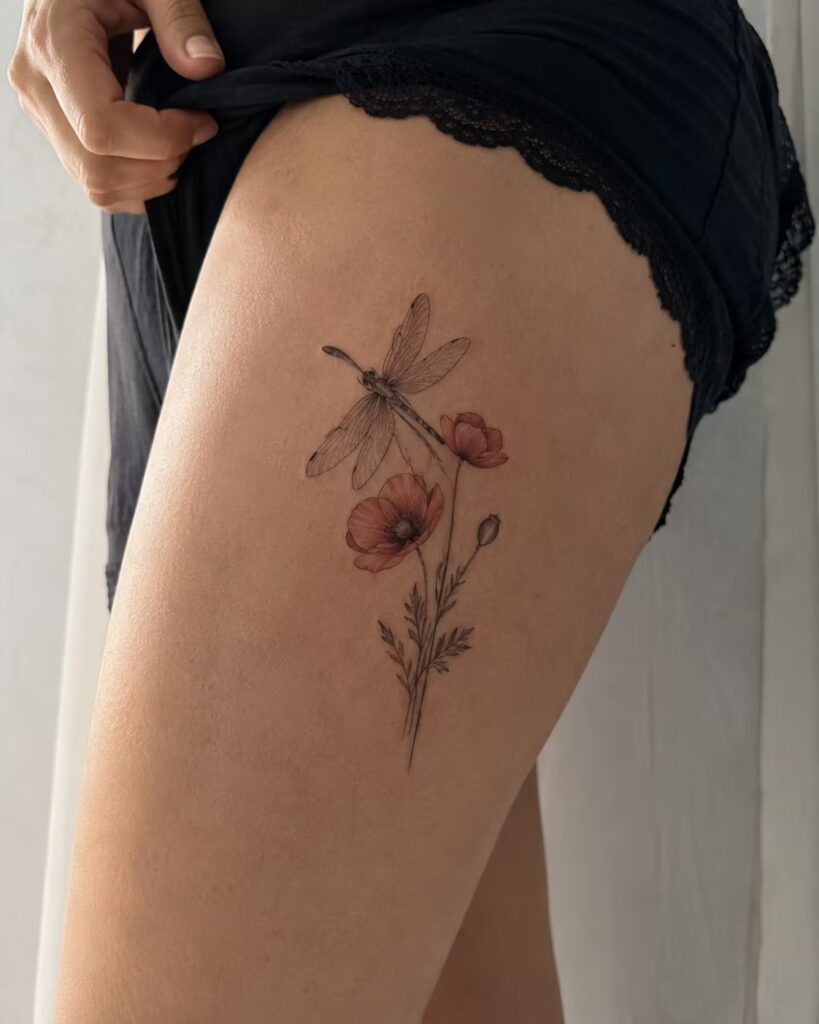Poppy and Dragonfly Tattoo Thigh Piece