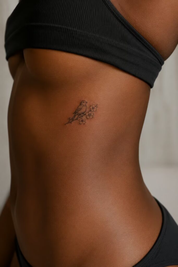 Finch on Cherry Blossom, Ribs bird tattoo with flower designs