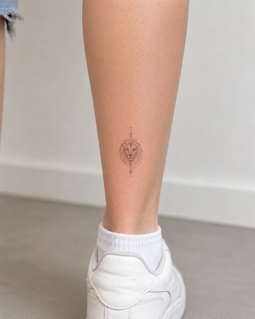 Fine Line Lion Head Lower leg tattoo