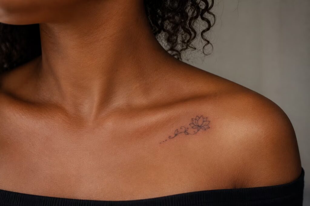 Fine Line Lotus Floral Collarbone Tattoo