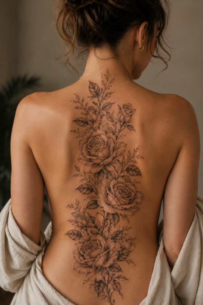 Full Back Peony Cascade Back Tattoo