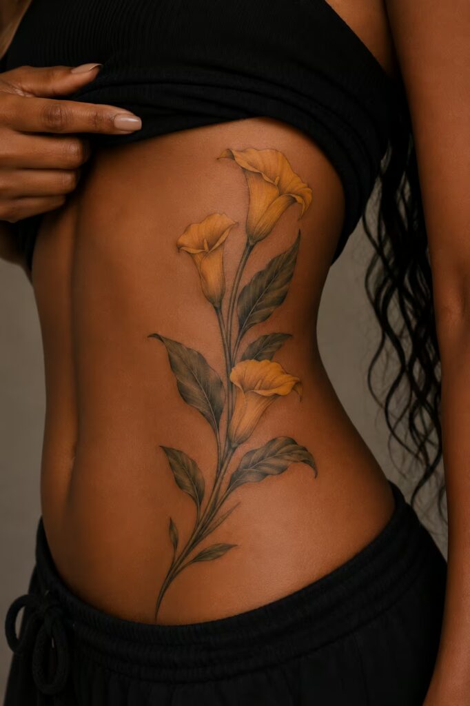Golden Calla Lily Flower rib tattoo