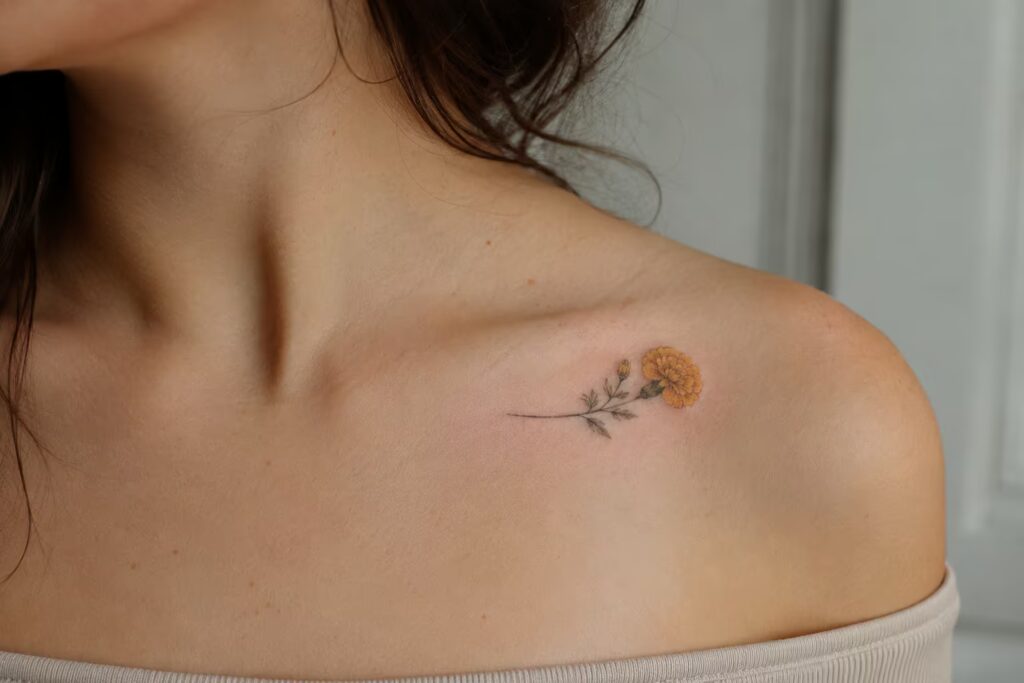 Golden Marigold Bloom Floral Collarbone Tattoo