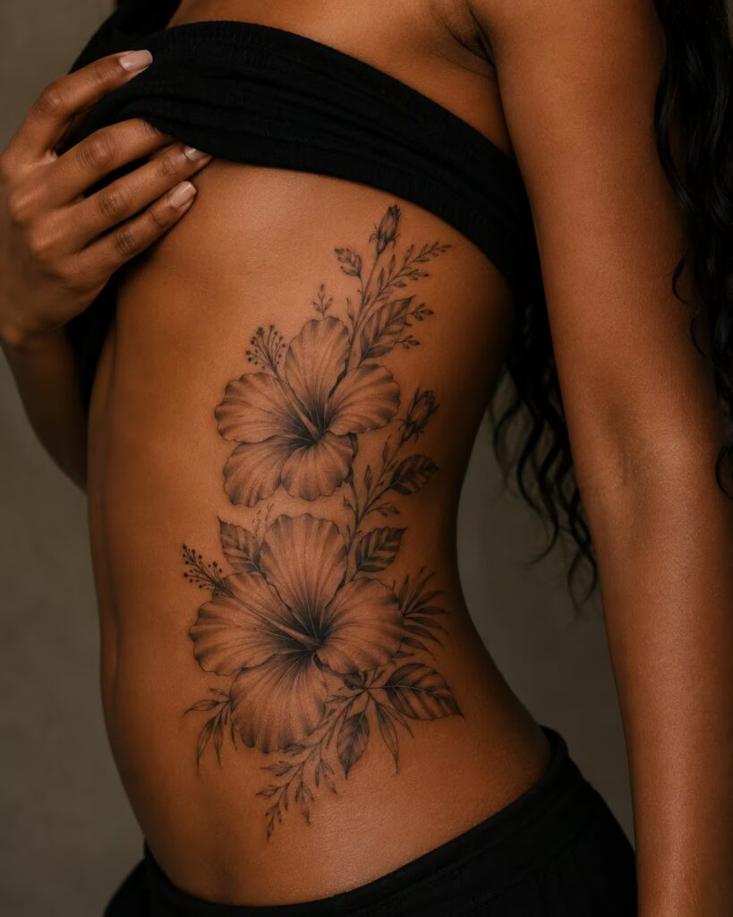 Hibiscus Pair rib flower tattoo