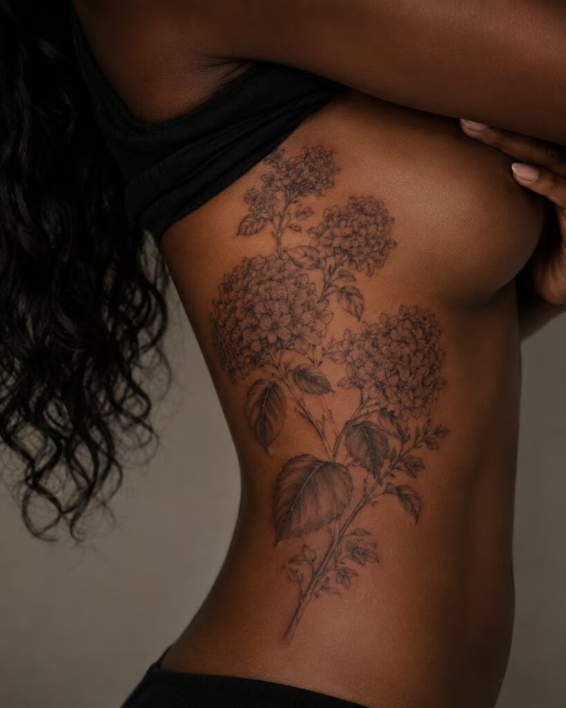 Hydrangea Cluster floral rib tattoo