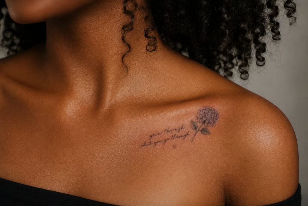 Hydrangea Growth Script Floral Collarbone Tattoo