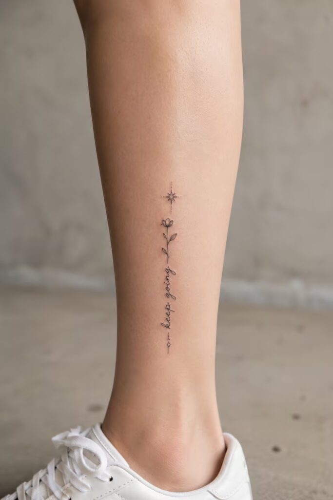 Keep Going Script Lower Leg Tattoo
