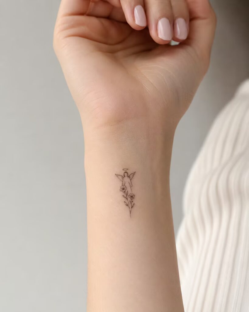 Little Wildflower Angel tattoo on hand