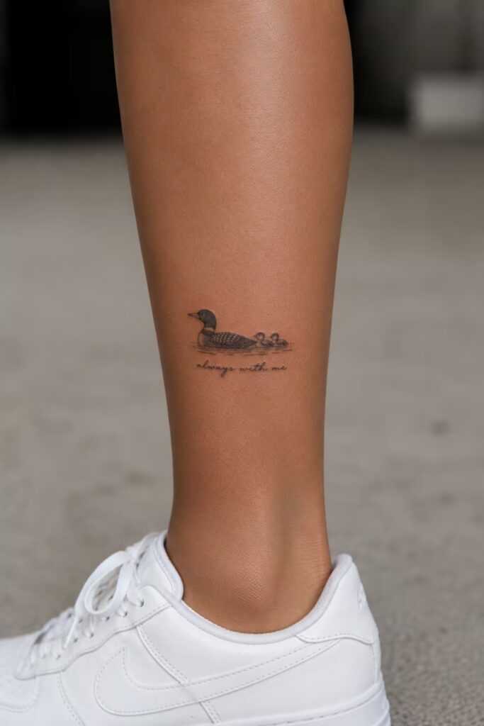 Loon and Chicks Lower Leg Tattoo
