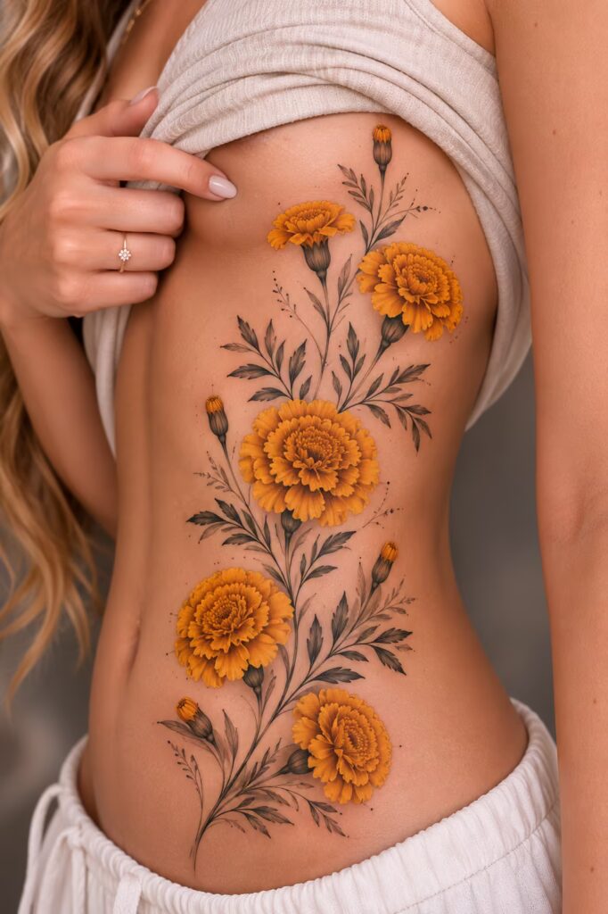 Marigold Trail rib flower tattoo