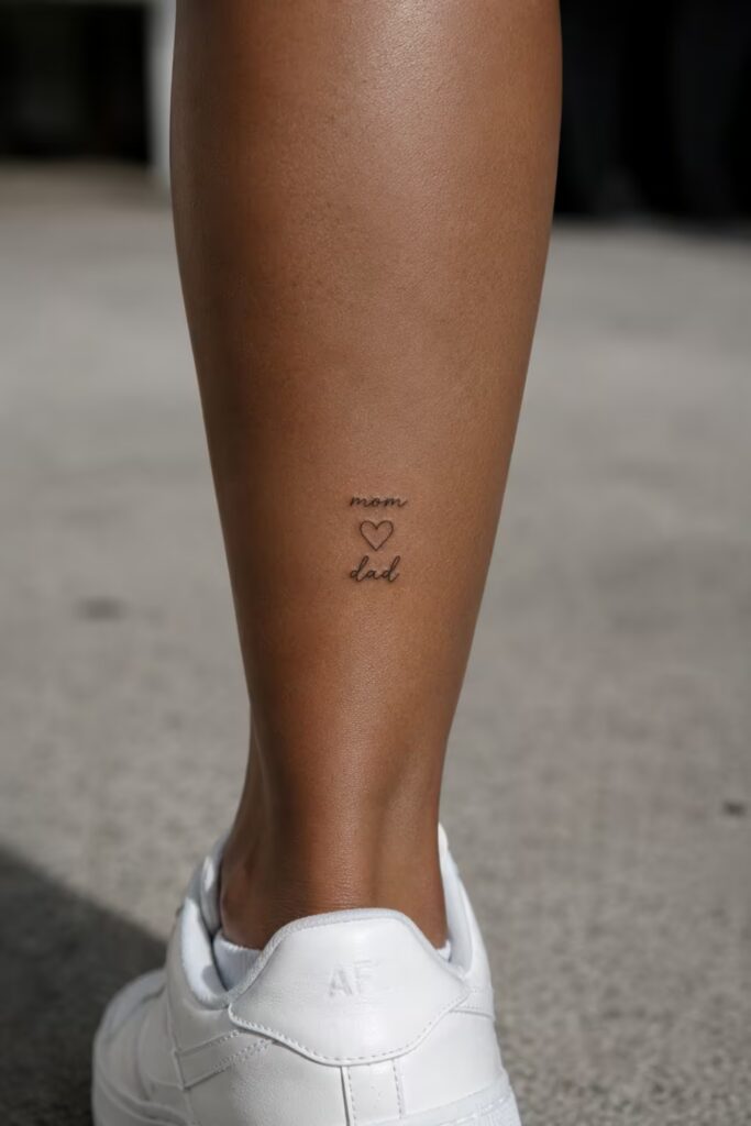 Mom and Dad Script Lower Leg Tattoo