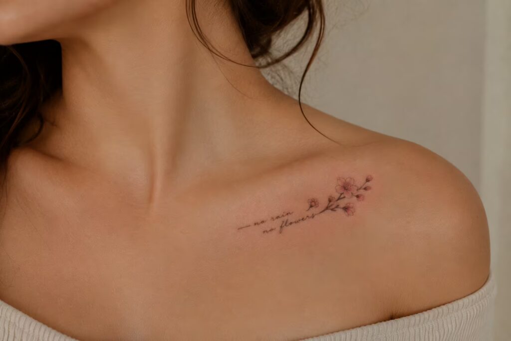No Rain No Flowers Cherry Blossom Floral Collarbone Tattoo