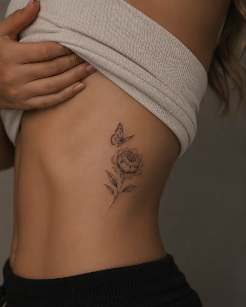 Peony Rib Butterfly tattoo