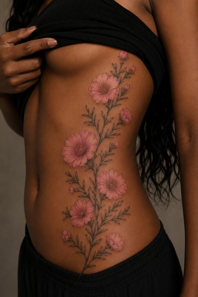 Pink Cosmos Vine rib flower tattoo