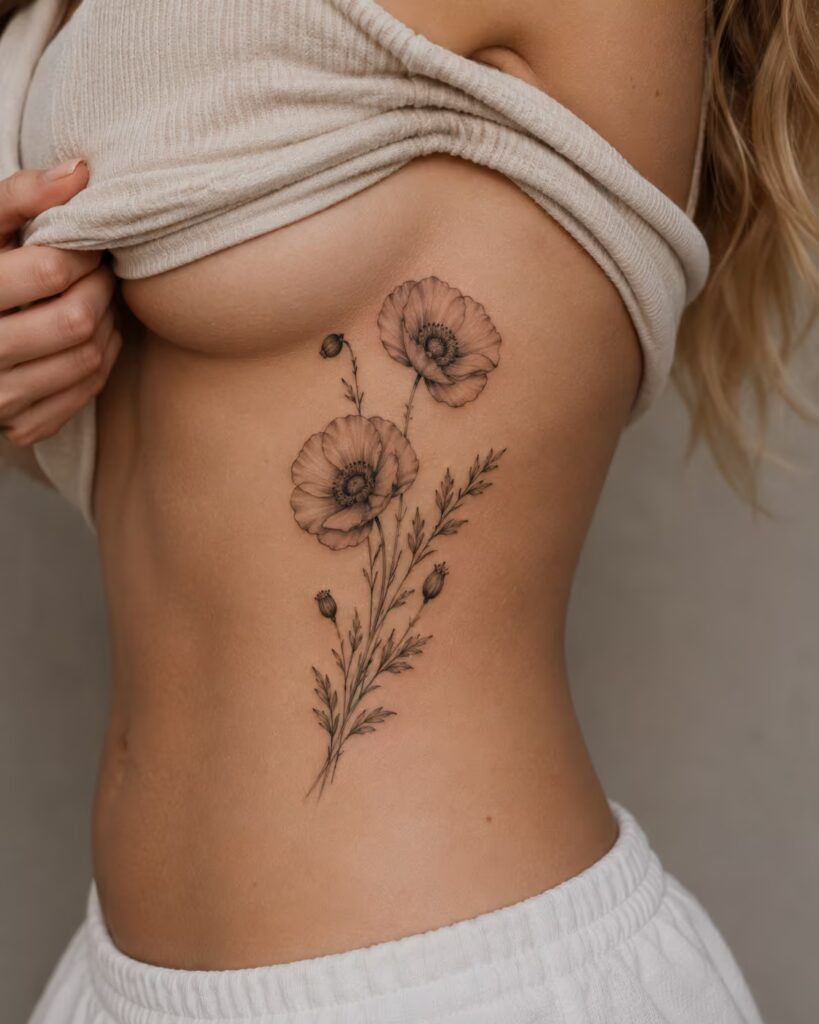 Poppy Field flower rib tattoo