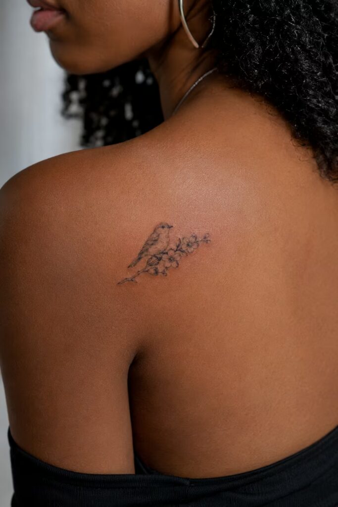 Robin on Cherry Blossom, Shoulder Blade bird tattoo with flower designs