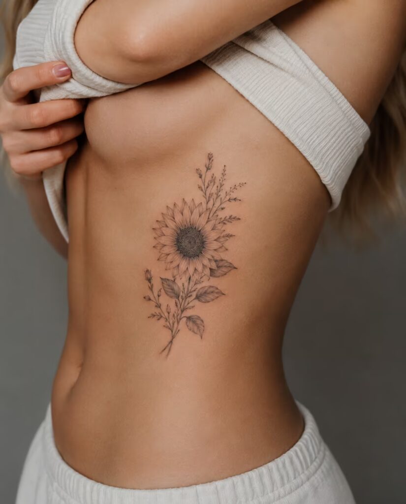 Single Sunflower floral rib tattoo