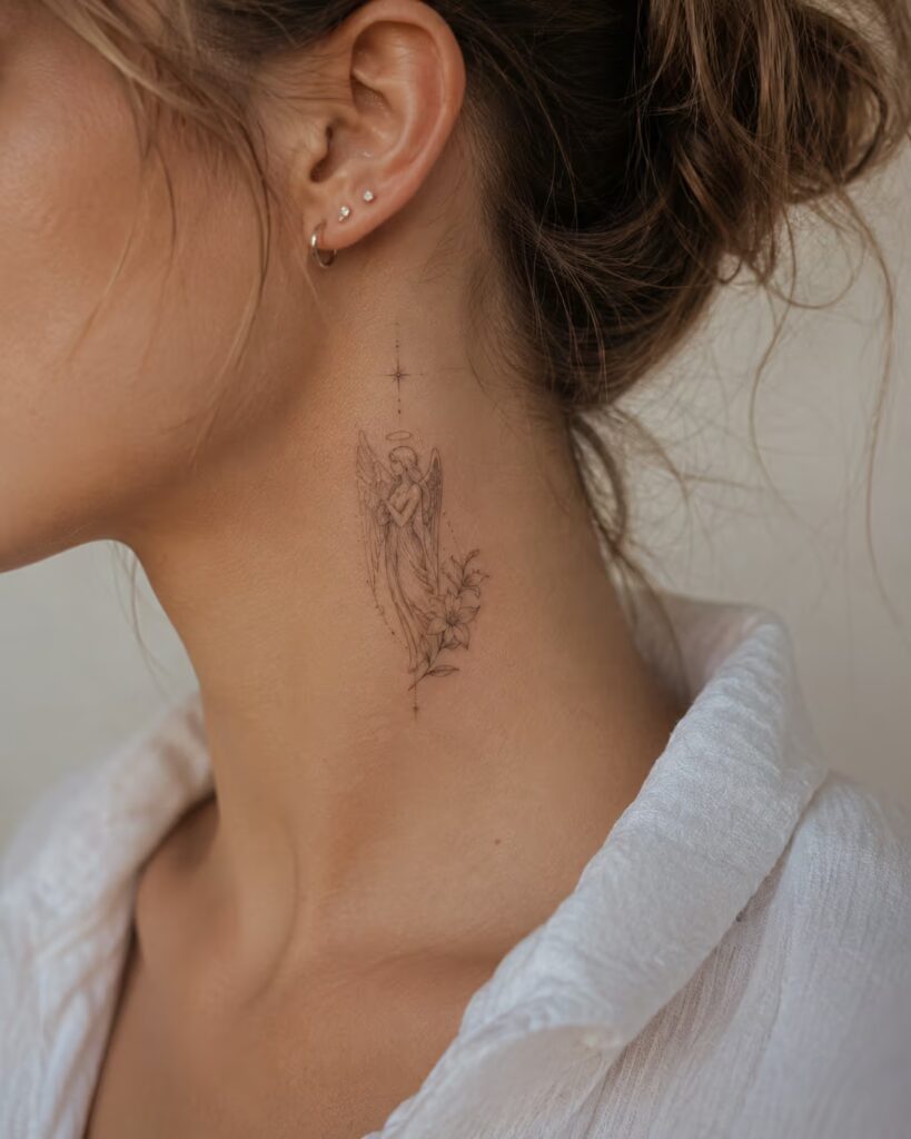 Star Led Lily Angel tattoo on neck