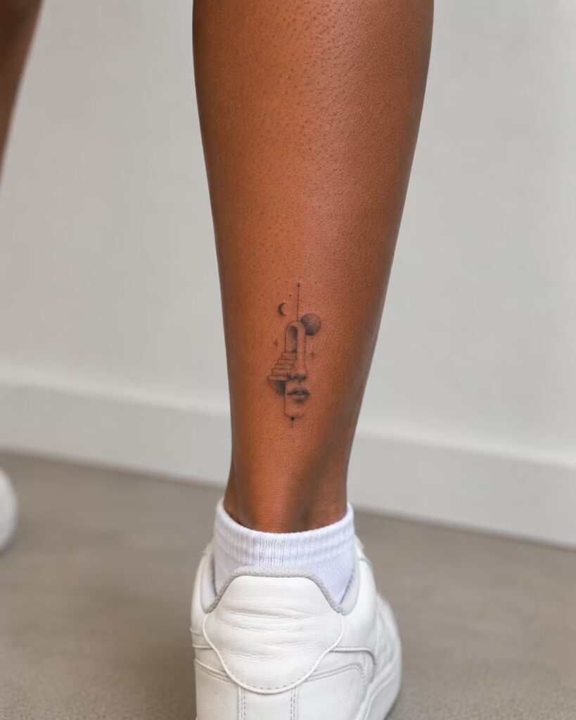 Surreal Face and Staircase Lower Leg Tattoo
