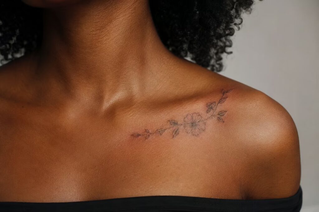 Trailing Wild Rose Vine Floral Collarbone Tattoo