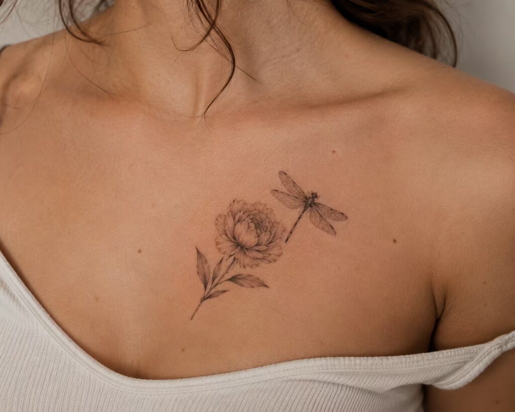 Peony and Dragonfly Collarbone Piece