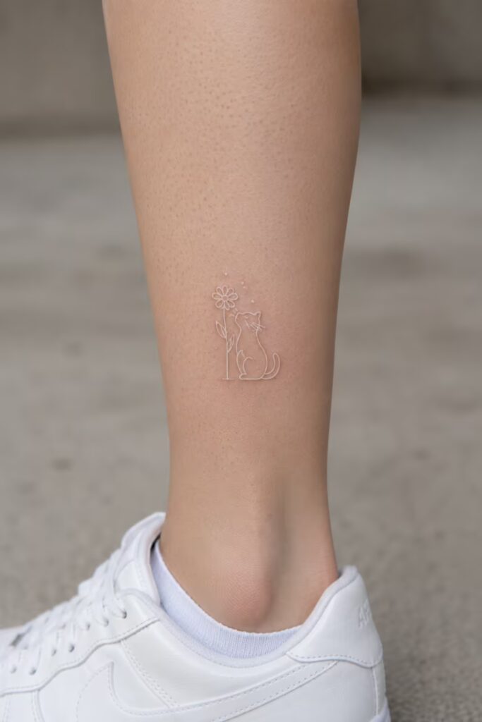 White Ink Cat and Daisy Lower Leg Tattoo