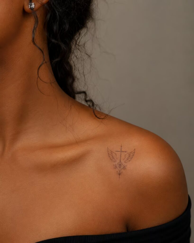 Winged Cross Angel Floral Tattoo