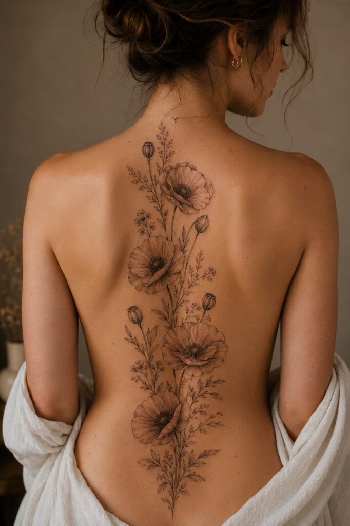 Winged Floral Spread Back Tattoo